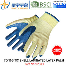 7g / 10g T / C ламинированные латексные ладонные перчатки безопасности для рук (S1501) с CE, En388, En420 для строительных перчаток